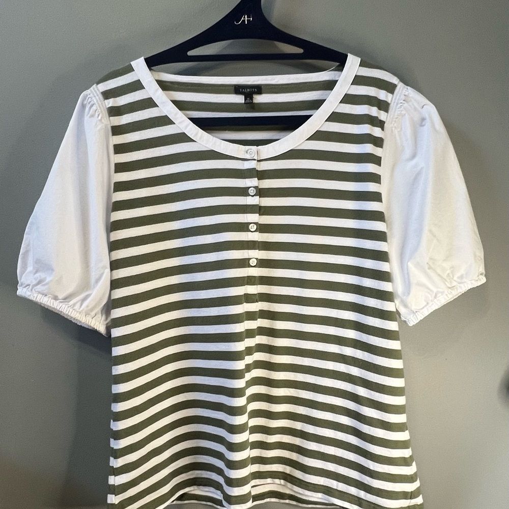 Talbots Green White Striped Blouse XL Button Detail Shirt Preppy Coastal Classic - Picture 2 of 10